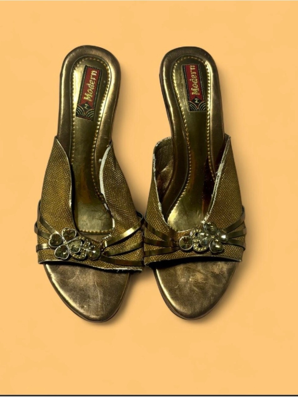 Metallic Gold Slip-On Heeled Sandals with Jewel Flower Detail! 💌